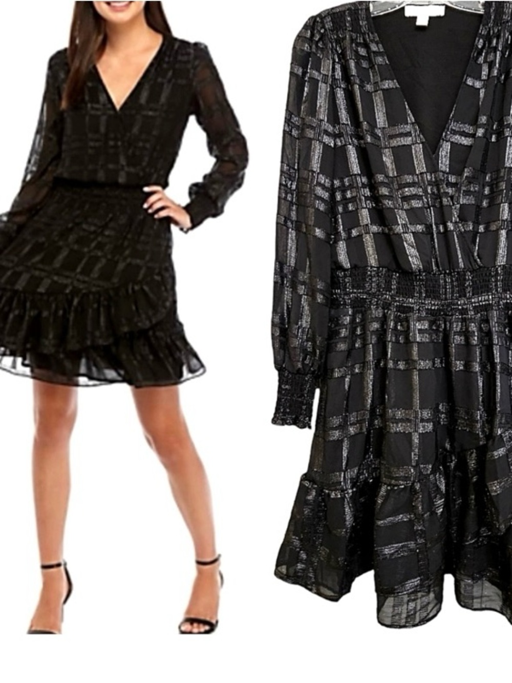 MICHAEL Michael Kors Black Metallic Plaid Long-Sleeve Ruffle Dress